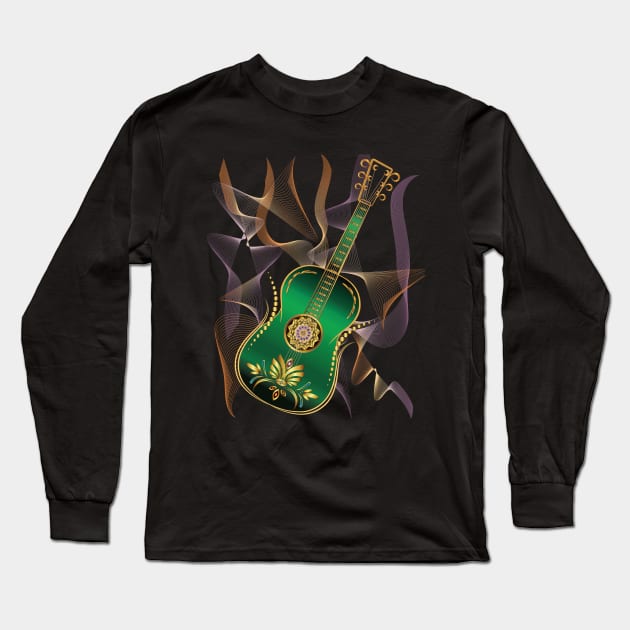Luxury Metalic Green Golden Guitar instruments Long Sleeve T-Shirt by Nobiya